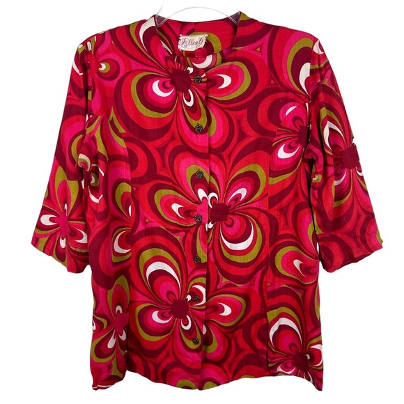 Vintage 70s Flower Power Red Mandarin Collar Half Sleeve Button Front Tunic M - Picture 1 of 5